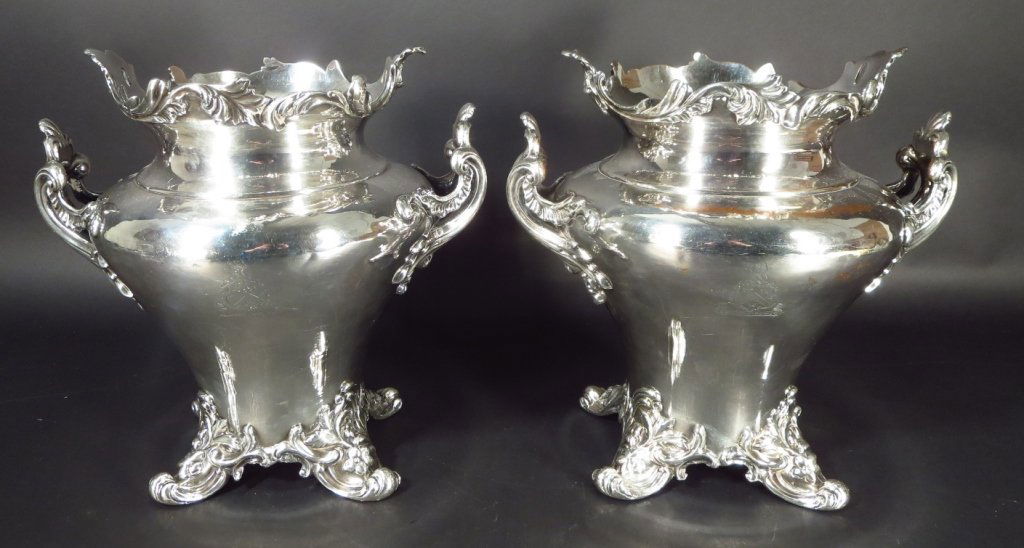 Sheffield S/P Wine Coolers by Roberts, Smith & Co.: Sheffield S/P Wine Coolers by Roberts, Smith & Co. Circa 1828, each with an armorial 'Semper Vigilans'(RIVERS4554/2)(WT) Property Title:From the Estate of Joan Rivers. Measurements: 11.5" H x 11.5" W