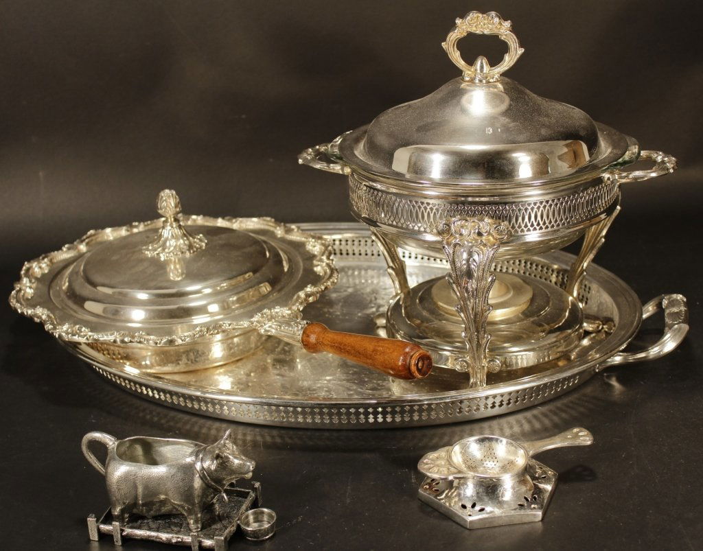 Galleried Silverplate Tray and Chafing Dishes (1 of 5)
