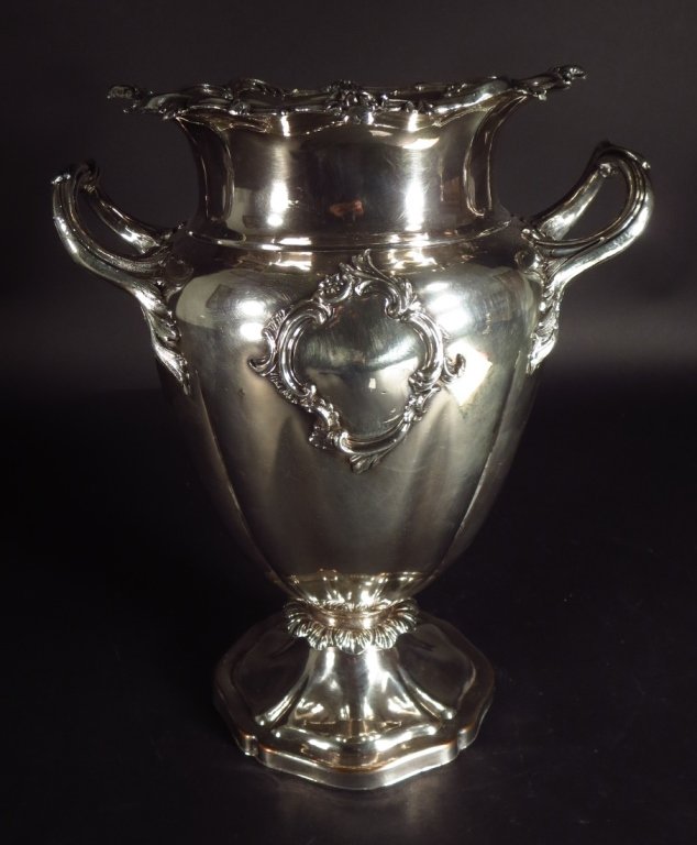 Sheffield S/P Vase by Roberts, Smith & Co.: Sheffield S/P Vase by Roberts, Smith & Co. Vase or wine cooler. Circa 1828.(RIVERS4555)(WT) Property Title:From the Estate of Joan Rivers. Measurements: 12" high x 9.5" wide