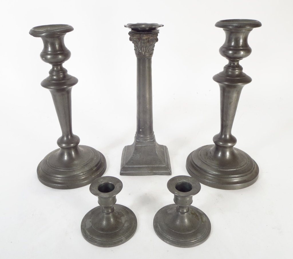 5 Pewter Candlesticks, 2 pairs & 1 single (1 of 6)