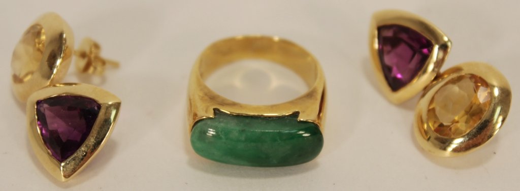18k Yellow Gold & Jade Ring + 18k Earrings (1 of 3)