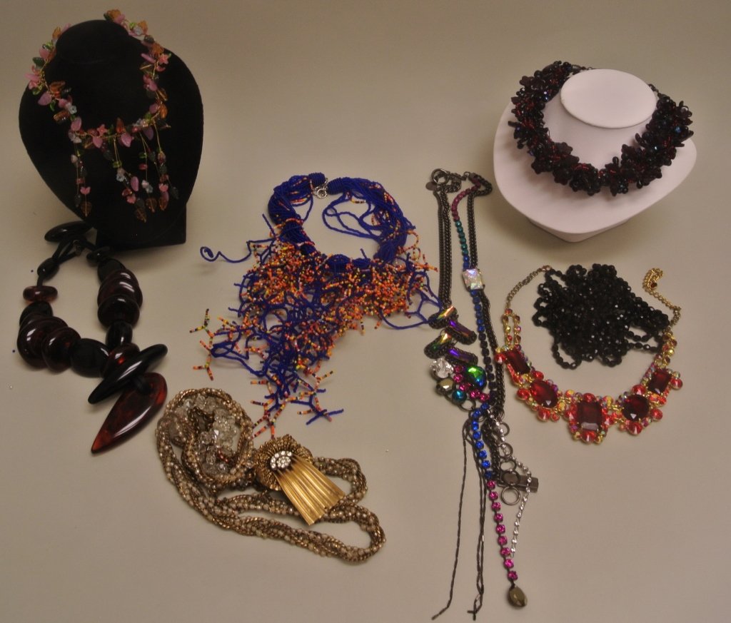 Gerda L. Monies Lucite Necklace & Others: Gerda L. Monies Lucite Necklace & Others. 8 designer necklaces, some signed. Brown large Lucite beaded by Gerda Lynggard Monies, micro beaded blue & orange, black & red glass beaded choker, pastel gla