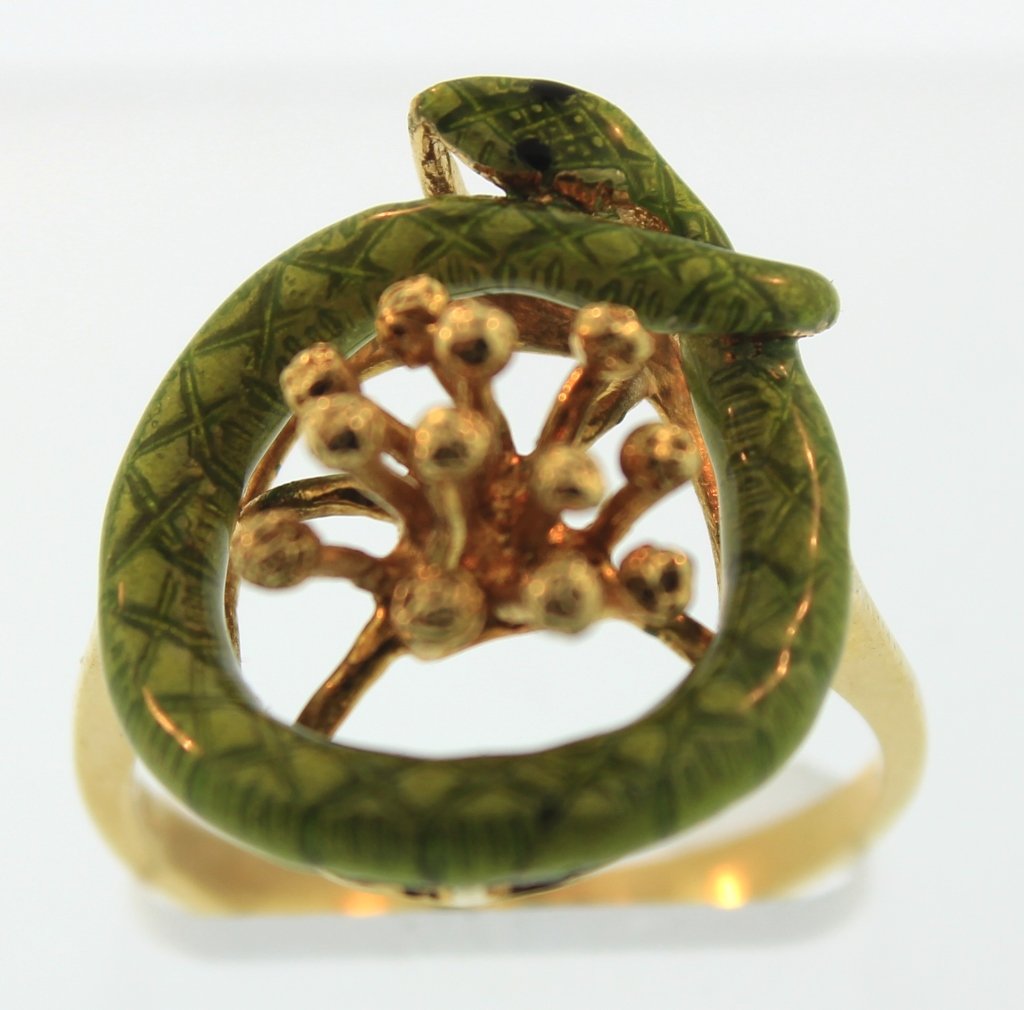 18K Yellow Gold & Green Enamel Snake Ring (1 of 5)
