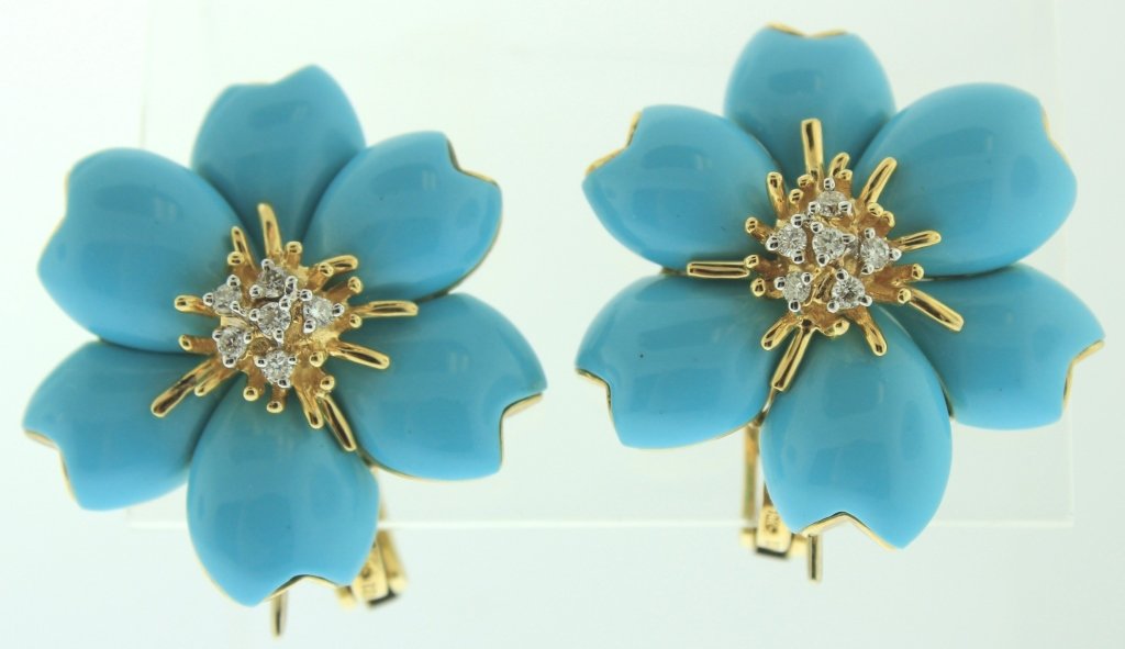 Pair of 18K Gold & Turquoise Floral Earrings (1 of 4)