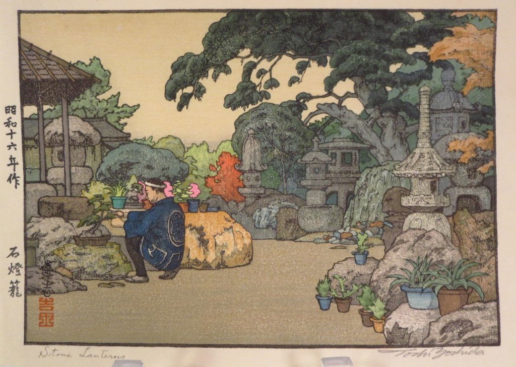 Toshi Yoshida, "Stone Lanterns", Wood Block Print (1 of 5)