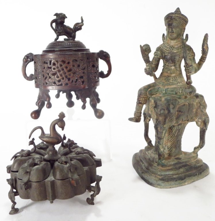 Grp. of 3 Bronze Objects: Group of 3 Bronze Objects, includes a Persian floriform censor 1400-1600 AD, Chinese pierced lidded incense burner and Southeast Asian figure of a sea god riding elephant(DMAS7800/3)(MM) Measurements: