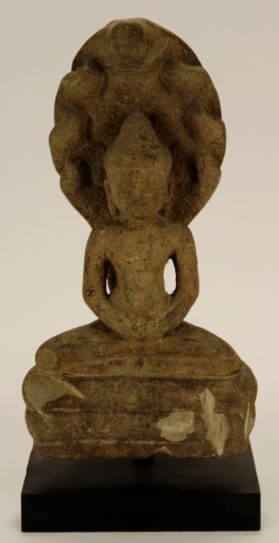 Khmer Style Buddha on Naga Throne,: Khhmer Style Seated Stone Buddha Muchalinda, in the 12th C. style, seated in dhyana mudra (meditation), on the Naga (Cobra) throne.(DJOD7232)(WK) Measurements:12 H Property Title: