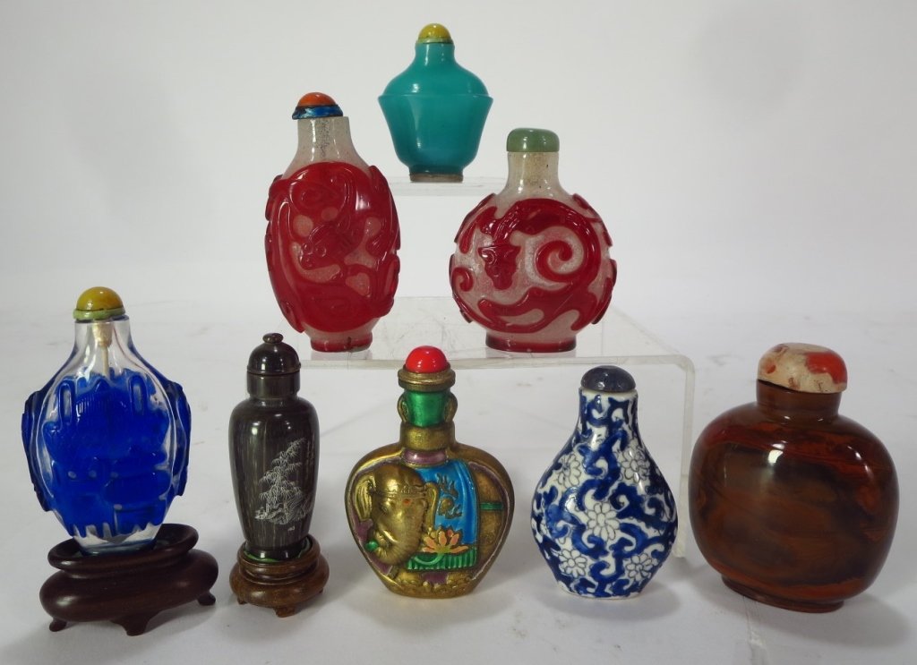 Eight Snuff Bottles; Glass, Porcelain, Metal (1 of 5)