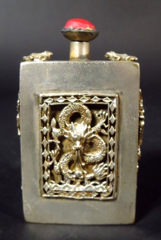 Chinese Silver Snuff Bottle w. Dragons, c. 1900 (1 of 6)