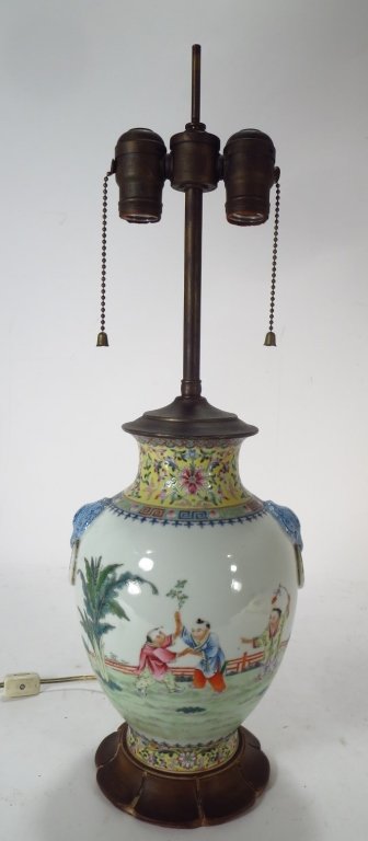 Chinese Porcelain Vase as Lamp, elephant handle: Chinese Porcelain Vase as Lamp, elephant and ring handles, with hand painted scene of man bearing fish to beauties(DMAS7808)(MM) Measurements:10 x 9, 22" top of finial Property Title:From a Newtown Co