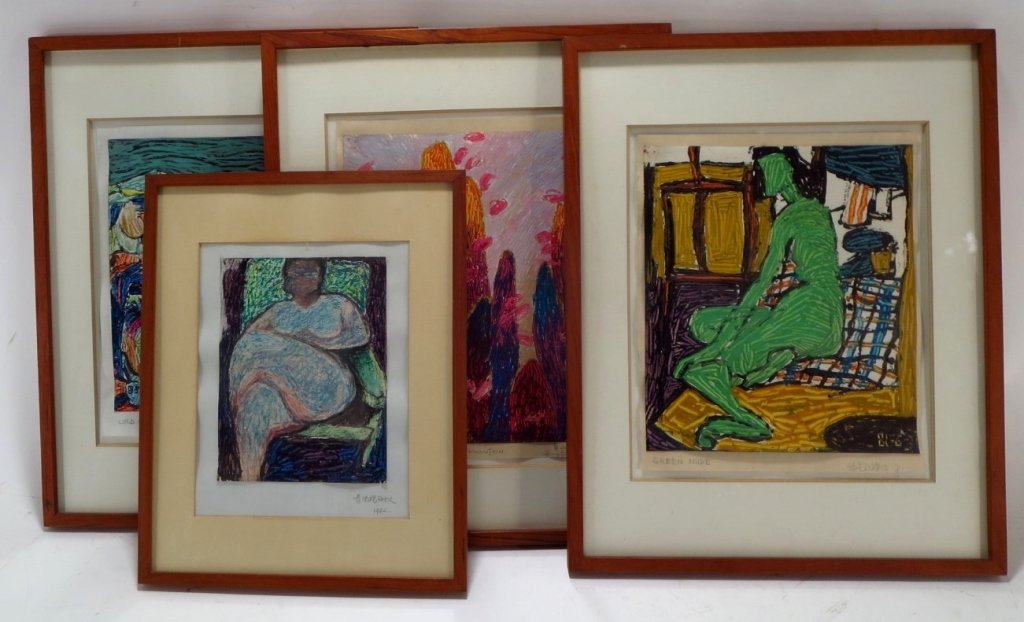 Four Chinese Modernist Paintings, A/P, 1981: Four Chinese Modernist Paintings, "Green Nude", "The Song of the Yellow Mountain", "Cold World", and another, 1981, acrylic on paper, signed.(SNIG7222)(WK) Measurements:Three are 11 x 9, One is 8 x 6,