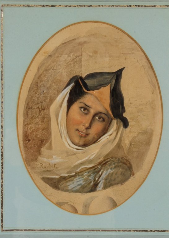 F. Roybet, Fr., 1840-1920, Medieval Woman, W/C: Ferdinand Roybet, French, 1840 - 1920, Portrait of Medieval Woman, watercolor, signed.(PWINJ7000)(TC) Measurements:oval 12.5 x 9.5, 24x21 Property Title: