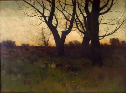 Charles Warren Eaton, Am., Fall Sunset,o/c: Charles Warren Eaton,American, 1857-1937, Fall Sunset, o/c, signed and dated lower right "Chas.Warren Eaton.- 1887-"(DMAS7129)(MM) Measurements:16 1/2" x 22 1/4", framed 20 x 26 Property Title:From a