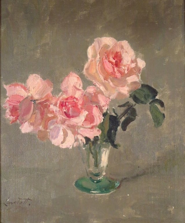 Edward Barnard Lintott,Br./Am.,Pink Roses,o/c: Edward Barnard Lintott, British/American 1875-1951, Pink Roses, oil on canvas on board, signed lower left(DMAS7151)(MM) Measurements:13 x 11, framed 18 x16 Property Title:From a Newtown Connecticut Co