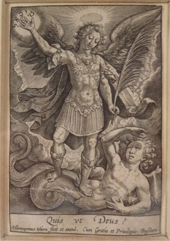 H. Wierix, 1553-1619, Engraving, St. Michael: Hieronymus Wierix, Flemish, 1553-1619, Archangel Michael Triumphing over Evil, copper engraving, titled "Quis ut Deus?", a Latin sentence meaning "Who [is] like God?", is a literal translation of the