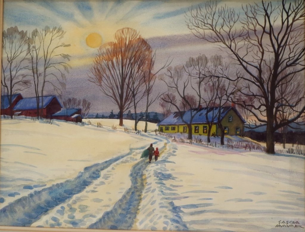 Sasha Maurer,Ger., Figures in Snowy Landscape, w/c: Sasha Maurer, Ger., 1897-1961, Figures in Snowy Landscape, watercolor on paper, signed lower right(DMAS7138)(MM) Measurements:13 1/2 x 18, framed 23 x 27 Property Title:From a Newtown Connecticut Coll