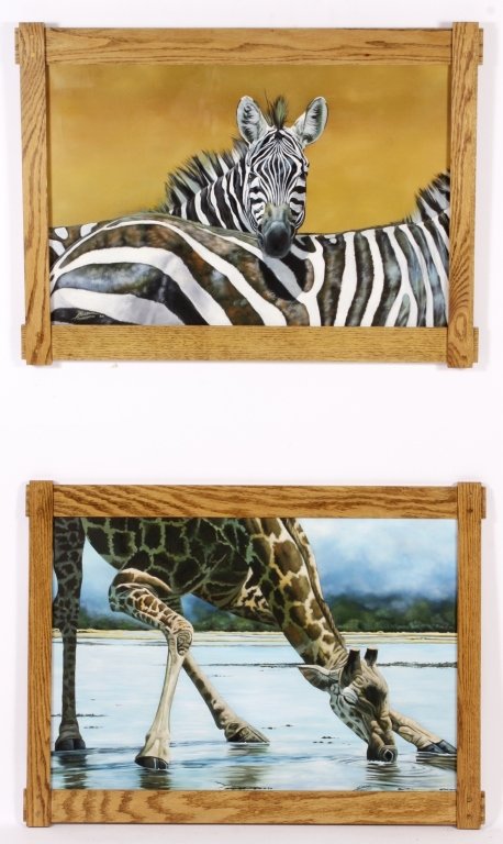 F. Mandundu, Giraffe Drinking & Zebras, O/C: Freedom Mandundu, African, 20/21st C., Giraffe Drinking, and Zebras, oil on canvas, signed.(FMAL7246/2)(WK) Measurements:23.5 x 35 Framed: 29 x 39 Property Title: