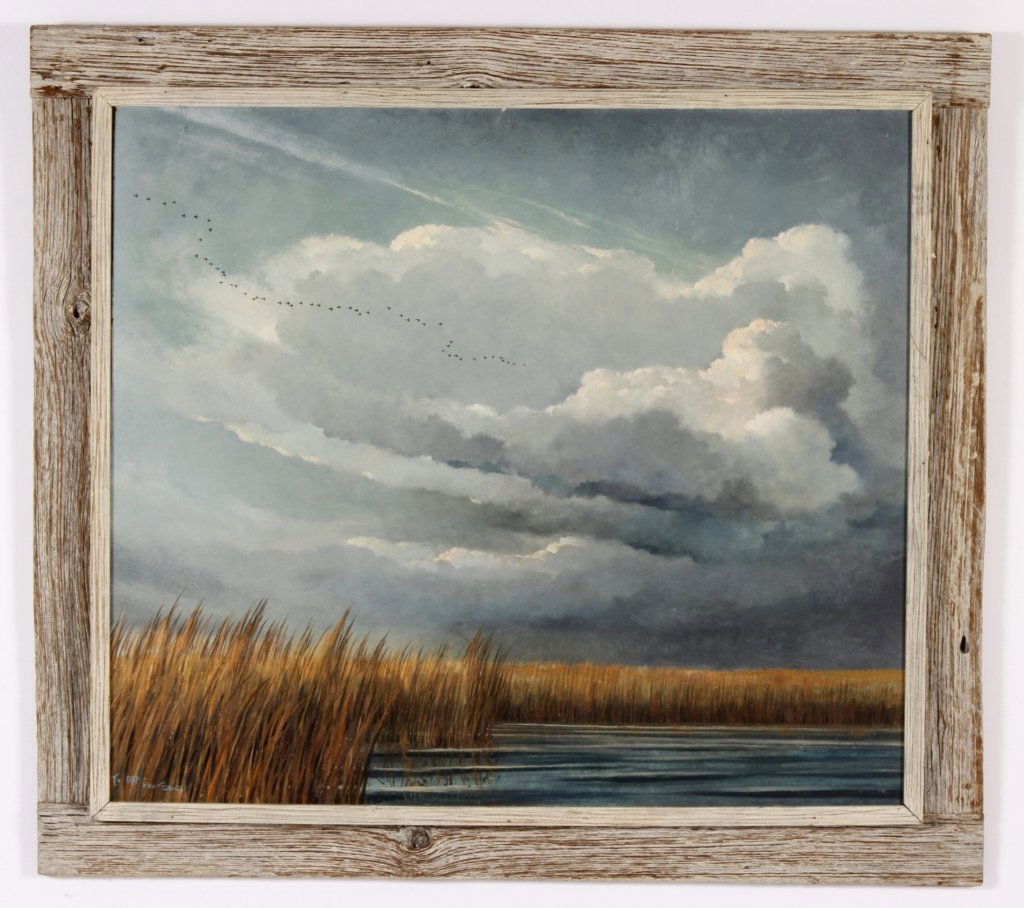 Eric Sloane, Am., Marshland,oil on masonite: Eric Sloane, American, 1905-1985, Marshland, oil on masonite,signed lower left with personal inscription "To Emil From Eric"(DMAS7112)(MM) Measurements:28 x 31, framed 34 x 38 Property Title:From a Ne