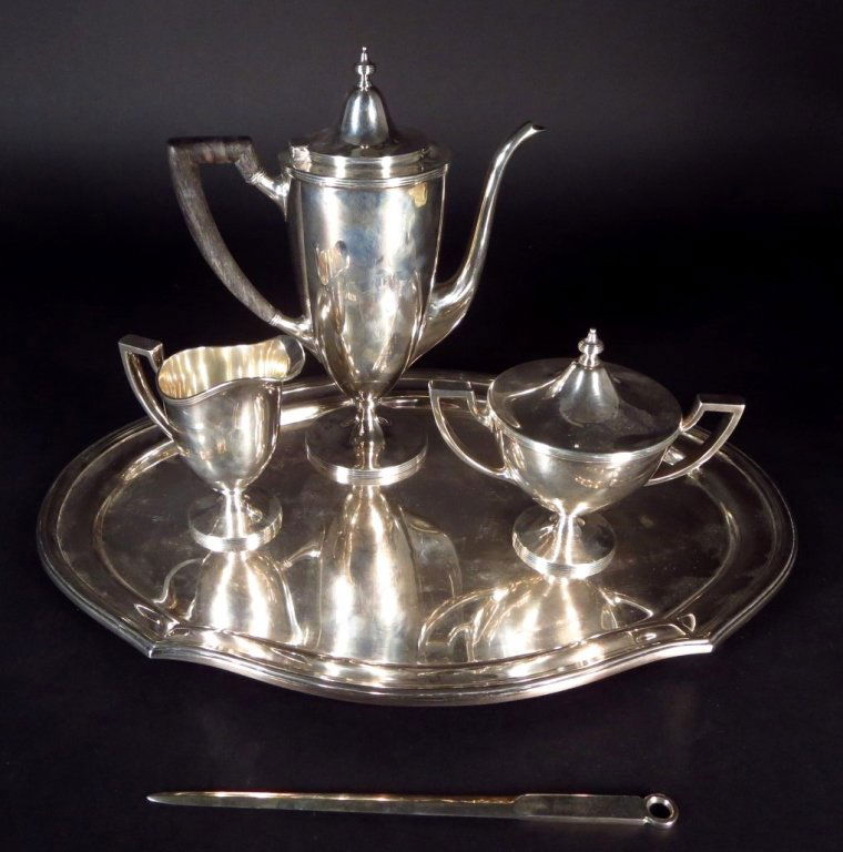 T & Co. Sterling 3-Piece Coffee Set w/Tray (1 of 9)