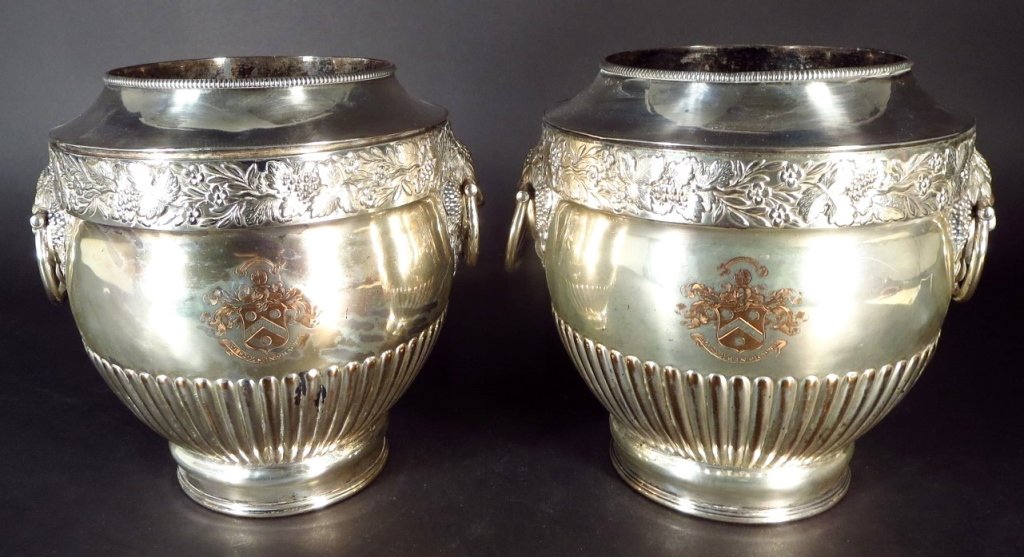 Pair of 19th c. English Silver Plate Wine Coolers: A pair of 19th c. English Silverplate Wine Coolers, Scottish Armorial Crest "AT SPES INFRACTA" with grapevine frieze and ringed handles with Bacchic head bas relief , unmarked(VAT7019/2)(TC) Measureme