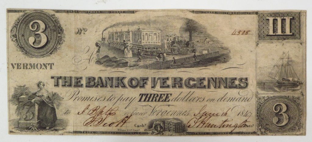 An 1847 $3 Bank of Vergennes Note (Vermont) (1 of 6)