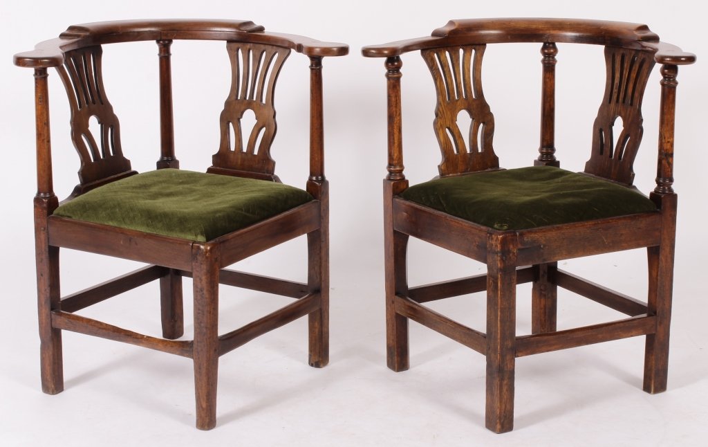 Pair of George III Oak Corner Chairs, 18th C.: Pair of George III Corner Chairs, 18th C., oak with pierced splats, 4 straight legs and box stretcher.(DJOD7208/2)(WK) Measurements:31 H x 28 W x 26 D Property Title: