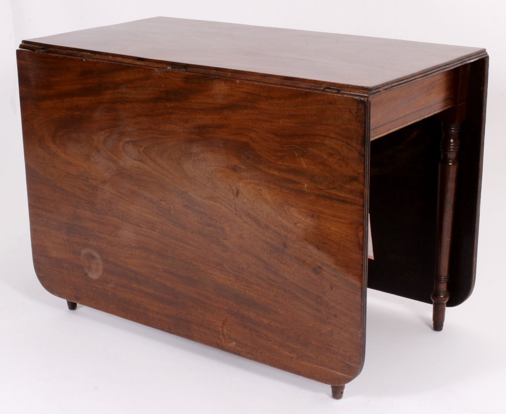 George III Drop Leaf Mahogany Table c.1800: George III Drop Leaf Mahogany Table c.1800 w/ string inlay in apron.(NJUS7406)(AC) Measurements:27 1/2" x 38 3/4" x 21" Property Title: