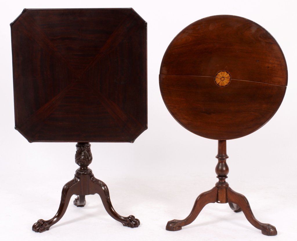 2 Federal Mahogany Tea Tables, 19th C.: Two Federal Mahogany Tea Tables, 19th C., one round inlaid table and one octagonal swivel top with birdcage base, each with ball and claw feet(DMAS7157/2)(MM) Measurements:Round: 40"H x 23"Diameter, o