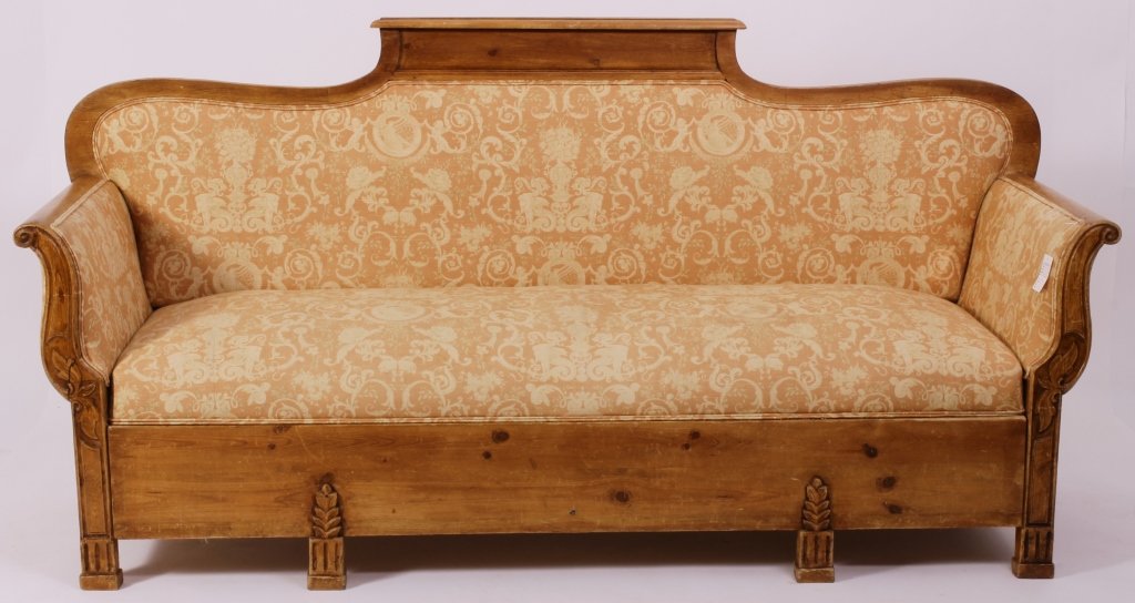 Rustic Biedermeier Pine Upholstered Sofa,19th: Rustic Biedermeier Pine Upholstered Sofa, 19th C., upholstered in Bennison fabric(LHED7104)(MM) Measurements:42"H x 84"W 26"D Property Title:From a Washington Connecticut Estate