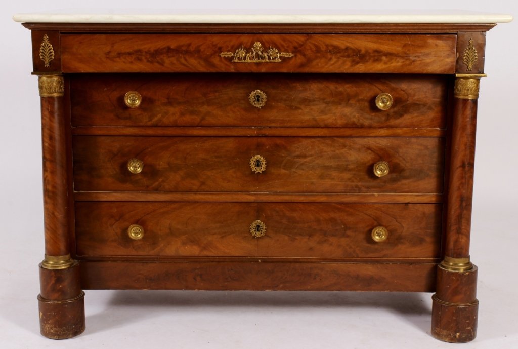 French Empire Commode w/ Marble Top, 19th C.: French Empire Four Drawer Commode w/ White Marble Top, 19th C., flame Mahogany w/ bronze mounts.(JACO7401)(AC) Measurements:36 1/2" x 53" x 26" Property Title: