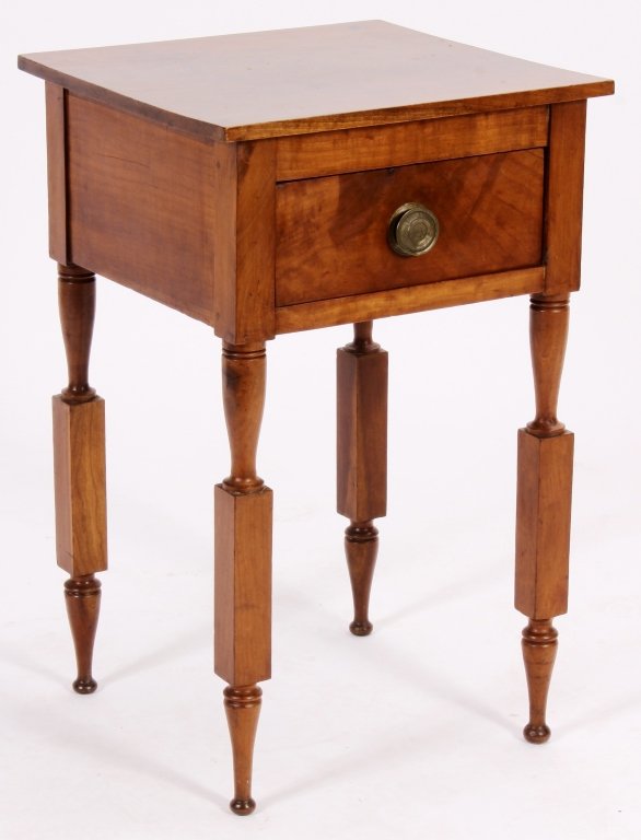 American Maple Side Table, 19th C.,: American Maple Side Table, 19th C., with single drawer.(FMAL7228)(WK) Measurements:28.5 x 17.75 sq. Property Title: