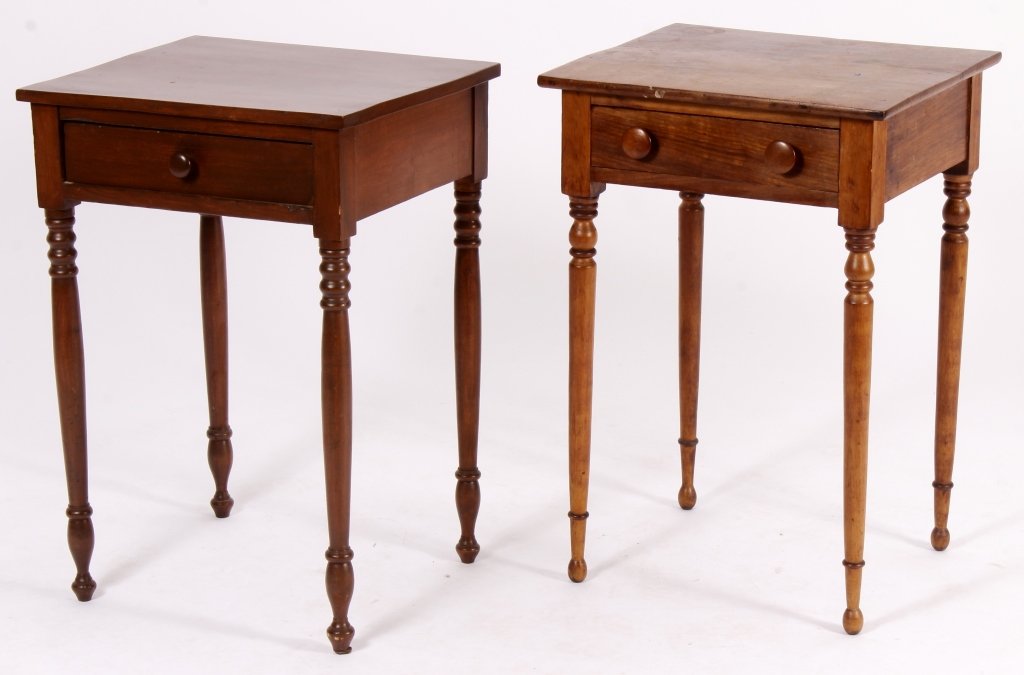 2 American Side Tables, mid 19th C., Wash Finish.: Two American mid 19th C. Side Tables, with single drawer and turned legs, with red washed finished.(FMAL7207/2)(WK) Measurements:28.5 H x 19.5 W x 17 D Property Title: