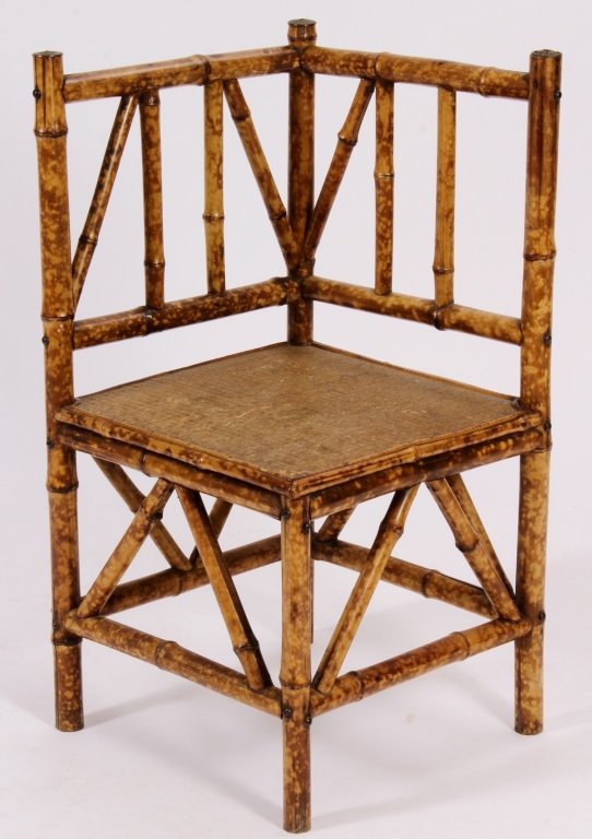 Aestheticism Bamboo Corner Chair Am Late 19th C: Aestheticism Bamboo Corner Chair American Late 19th C. tightly woven cane chair w/ brass adornments.(SLMA7402)(AC) Measurements:Chair: 32" x 23 1/2" x 23" Seat: 16 1/2" Property Title: