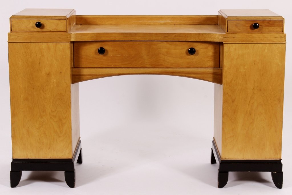 Art Deco Dressing Table/Desk w/ Black Stone Top: Art Deco Dressing Table/Desk with Black Stone Top, natural birch and ebonized wood with black stone insert, c. 1930(MELK7002)(TC) Measurements:35" H x 51" W x 19" D Property Title: