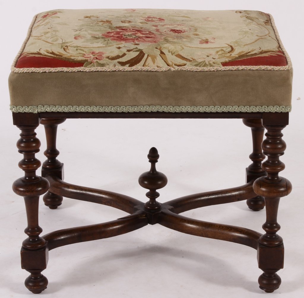 William and Mary Style Stool, Aubusson upholstery: William and Mary Style Mahogany Turned Wood and Upholstered Stool, E.20th, with earlier Aubusson covering(LHED7021)(MM) Measurements:18"H x 20"W x 18"D Property Title:From a Washington Connecticut Est