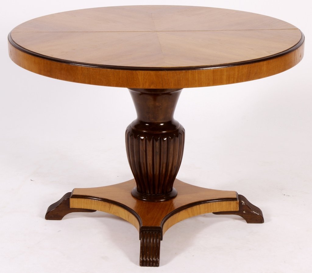 Regency Style Adjustible Height Center Table: Regency Style Adjustable Height Center Table, two toned wood, adjusts from side to dining height.(FMAL7212)(WK) Measurements:From 25 -29 H x 35.5 Dia. Property Title: