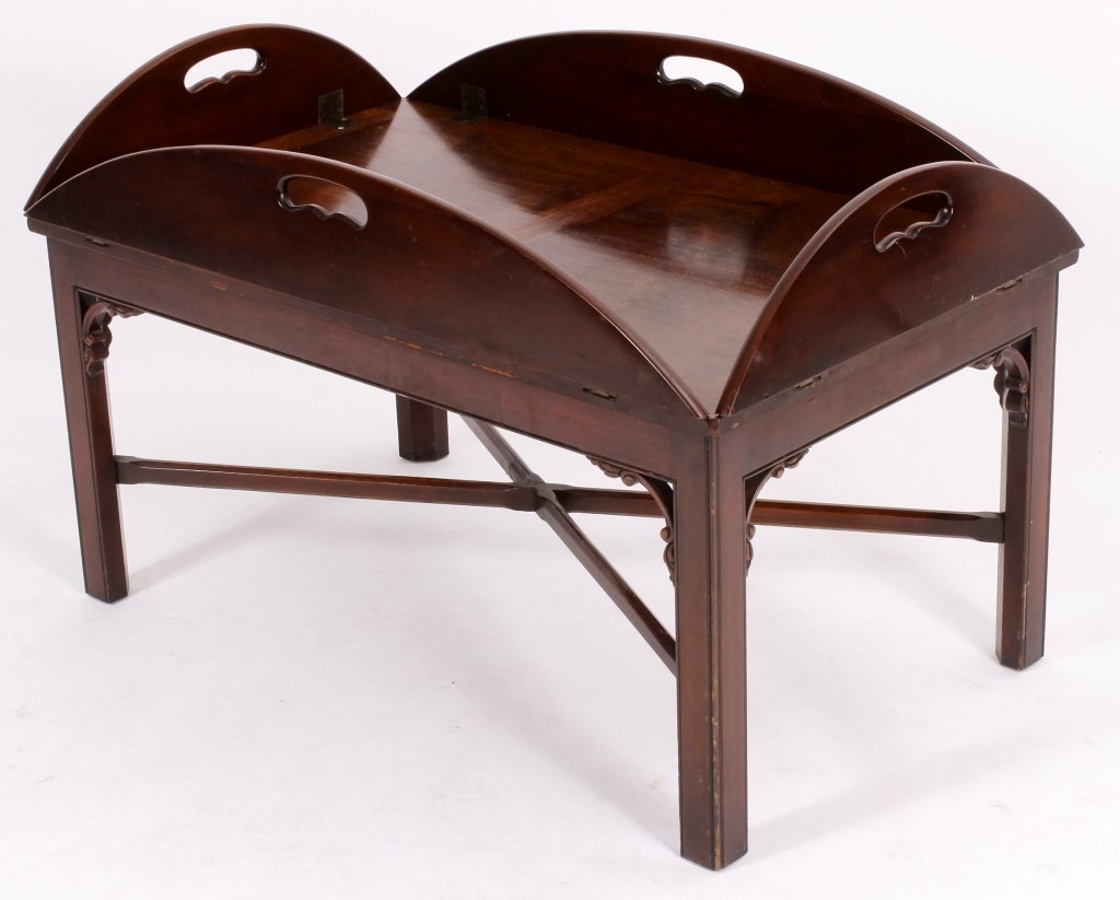 English Mahogany Butlers Tray Table: English Mahogany Butlers Tray Coffee Table, 20th C., cross stretcher(DMAS7102)(MM) Measurements:23"H x 35"W x 21" closed Property Title:From a Newtown Connecticut Collector