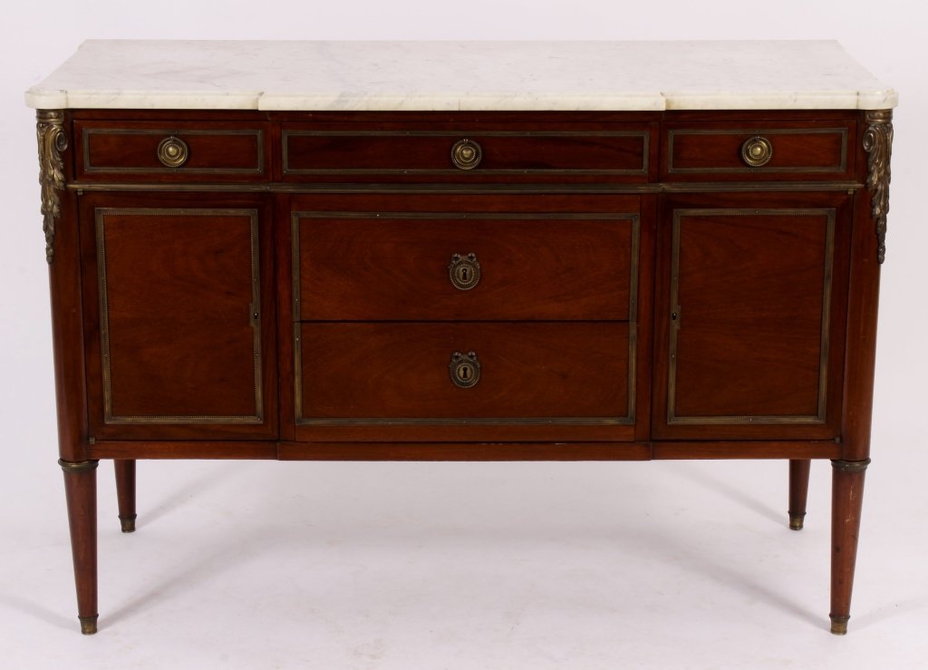 Louis XVI-Style Marbletop & Mahogany Commode, 20th: A Louis XVI-Style Marbletop & Mahogany Commode, 20th, bronze mounted, mahogany on oak carcass.(VAT7012/2)(TC) Measurements:51" L x 21" D x 35" H Property Title: