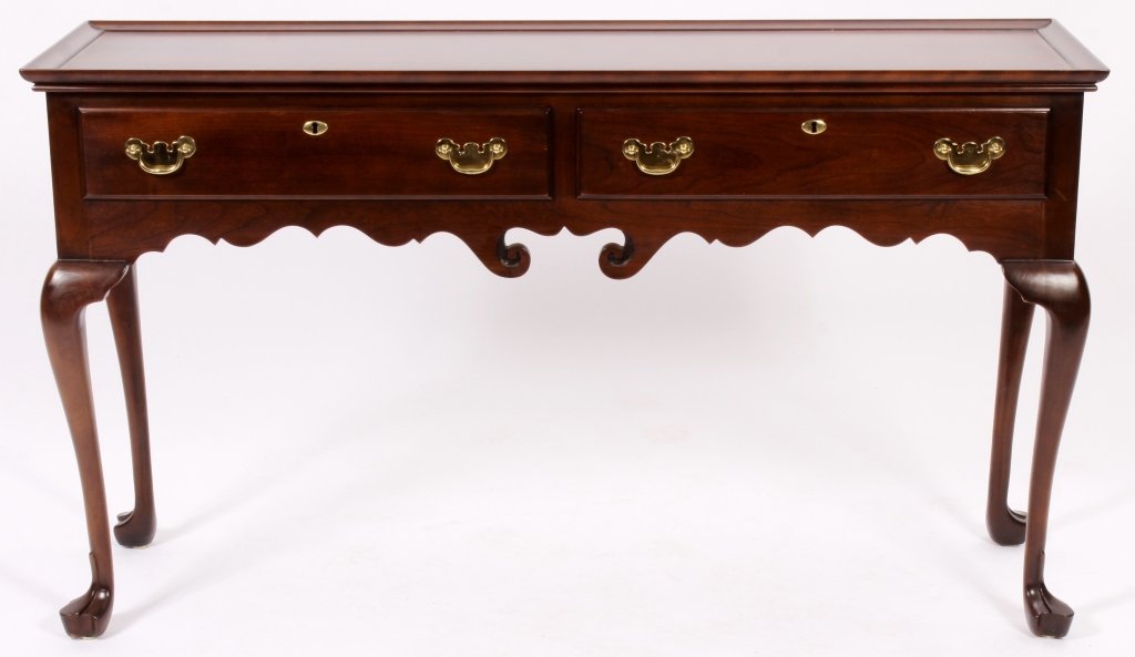 Chippendale Style Mahogany Console Table: Chippendale style mahogany console table, made by Statton Furniture, with 2 frieze drawers and 2 pull out trays.(FMAL7225)(WK) Measurements:30 H x 52 L x 15.5 D Property Title:
