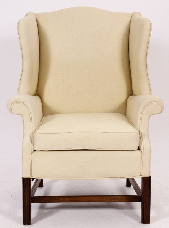 Upholstered Wing Chair, 20th, in woven fabric: Upholstered Wing Chair, 20th C., in solid woven fabric(DMAS7101)(MM) Measurements:42"H x 33"W x 32"D Property Title:From a Newtown Connecticut Collector