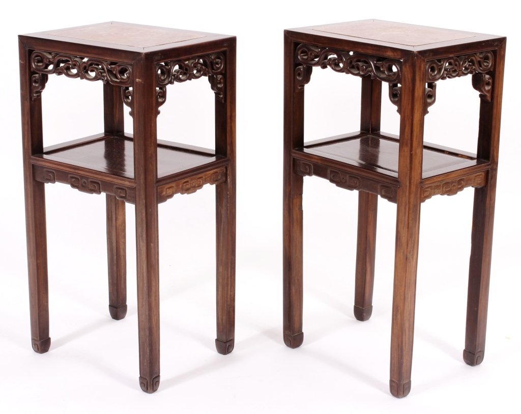 Pr. of Asian Carved Hardwood/Marble Side Tables: Pr. of Asian Carved Hardwood/Marble Side Tables,20th(DMAS7118/2)(MM) Measurements:32"H x 16"W x 12"D Property Title:From a Newtown Connecticut Collector