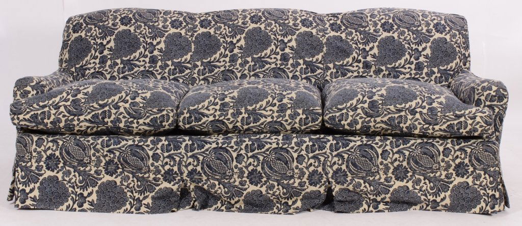 Custom Slipcovered English Style Sofa: Custom Slipcovered English Style Sofa, 20th, Taupe and Blue Patterned Linen Fabric by Duralee, down cushions, frame possibly George Smith(LHED7047)(MM) Measurements:35"H x 92"W x 37"D Property Title:F