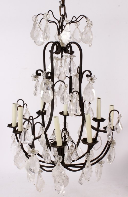 French Rock Crystal Iron Chandelier 19th C.: French Rock Crystal Iron Chandelier, 19th C. light fixture.(JFEN7412)(AC) Measurements:32" x 23" dia. Property Title: