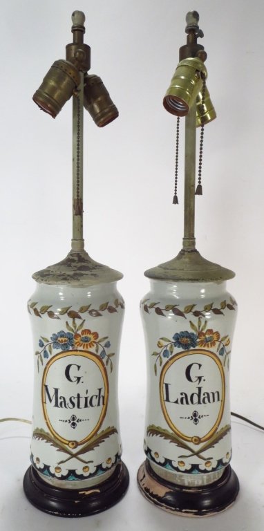 Pair of Italian Apothecary Vases as Lamps: Pair of Italian Hand Painted Apothecary Ceramic Vases as Lamps(DMAS7194/2)(MM) Measurements:10 x 5 1/2, 23"H Property Title:From a Newtown Connecticut Collector