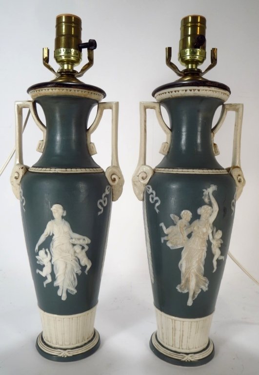 Pr. of Metlach Classical Urn Vases as Lamps: Pair of Metlach Classical Urn Form Vases as Lamps, made in Germany(DMAS7169/2)(MM) Measurements:17"H x 7"W Property Title:From a Newtown Connecticut Collector