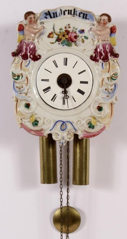 German Porcelain Wag on Wall Clock, c.1900: German Porcelain Wag on Wall Clock, c.1900, with pendulum(DMAS7805)(MM) Measurements:10 x 7 x 4 Property Title:From a Newtown Connecticut Collector