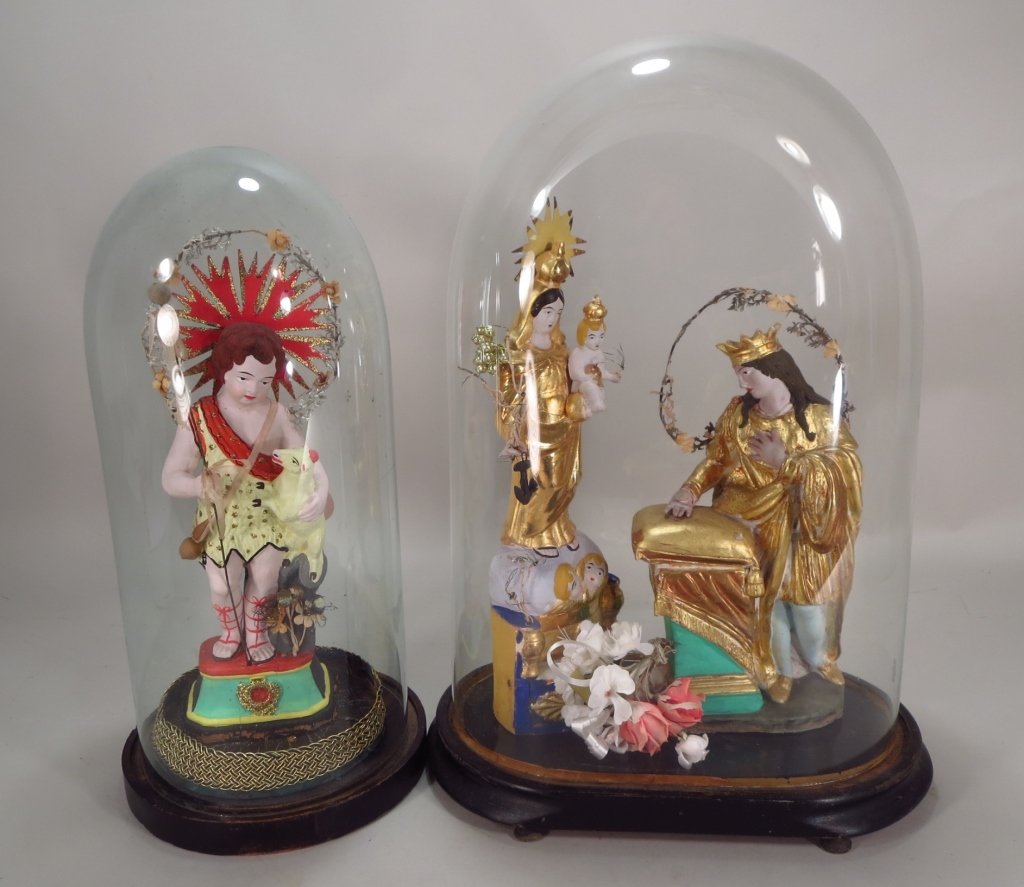 Santibelli, 19th C., St. John, Virgin & Saint: Two Santibelli, French, 19th C., The Virgin of Marseilles and another Saint, and a young St. John with the Lamb of God, painted terracotta under glass domes.(DJOD5234/2)(WK) Measurements:16 H Property