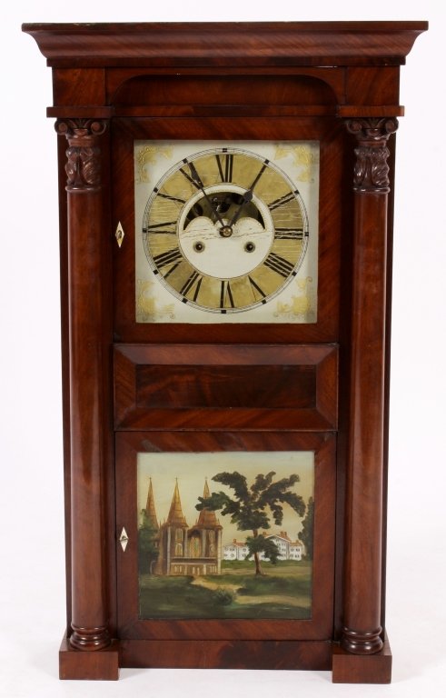 American Shelf Clock, 19th C., Eglomise Painting: Shelf Clock, American, Late 19th C., with columns and cornice, painted tin dial with eglomise painting below.(FMAL7213)(WK) Measurements:36 H x 21 W x7 D Property Title: