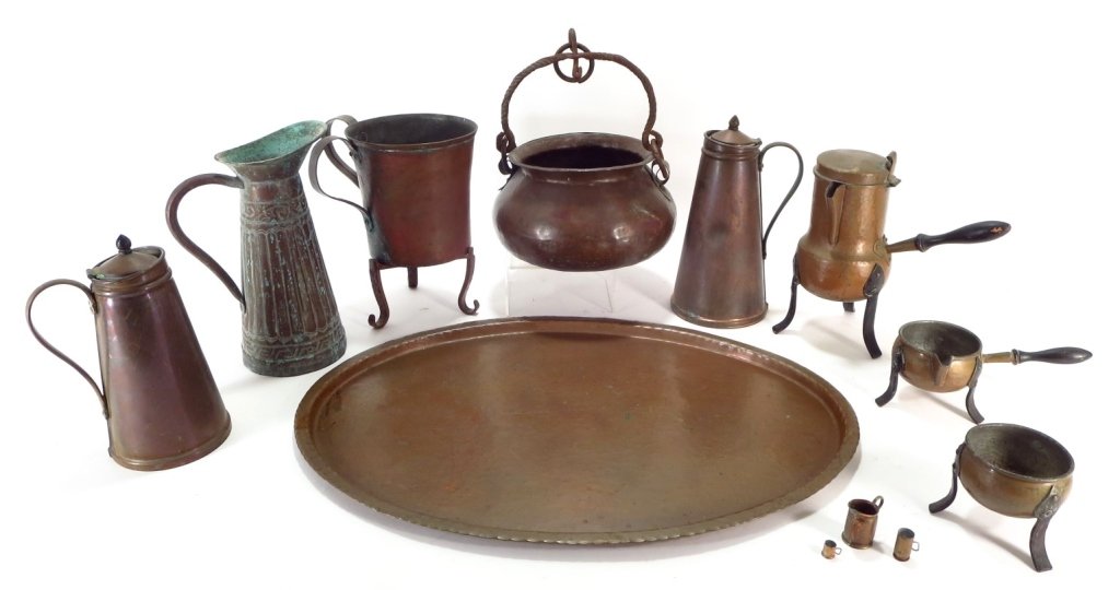 Group of Antique Copper Kitchenware: Group of Antique Copper Kitchenware, including a tray, Coffee pot, sugar/creamer, pot on stand, ewers, hanging vessel, among others.(FMAL7251)(WK) Measurements:Tray: 21 x 15 Property Title: