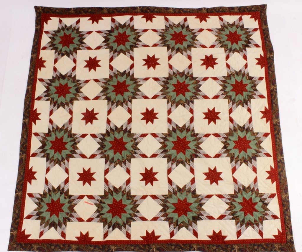 8 point 16 Star Quilt,L.19-E.20th C.: 8 point 16 Star Quilt, L19-E.20th C., primarily red and green with off white field(DMAS7145)(MM) Measurements:84"square Property Title:From a Newtown Connecticut Collector